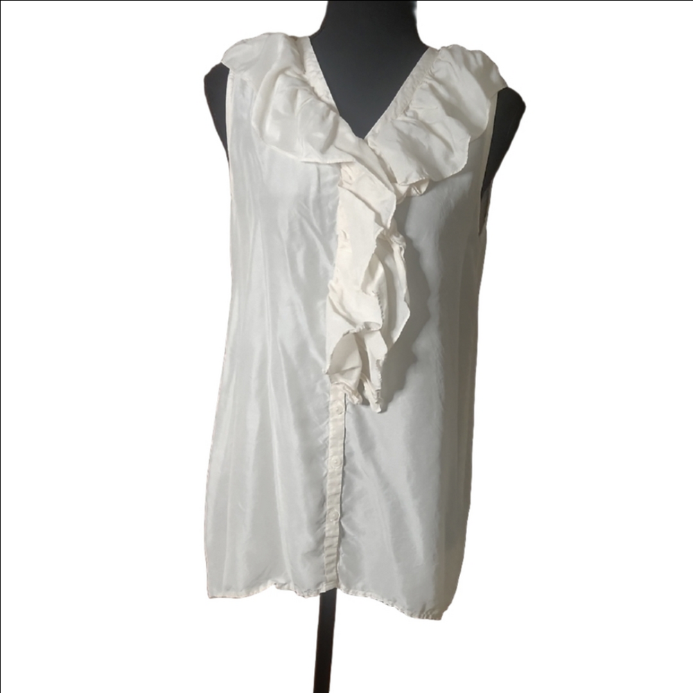 Retro Express Silk Cream Ruffled Bib Collar Blouse, Size Small